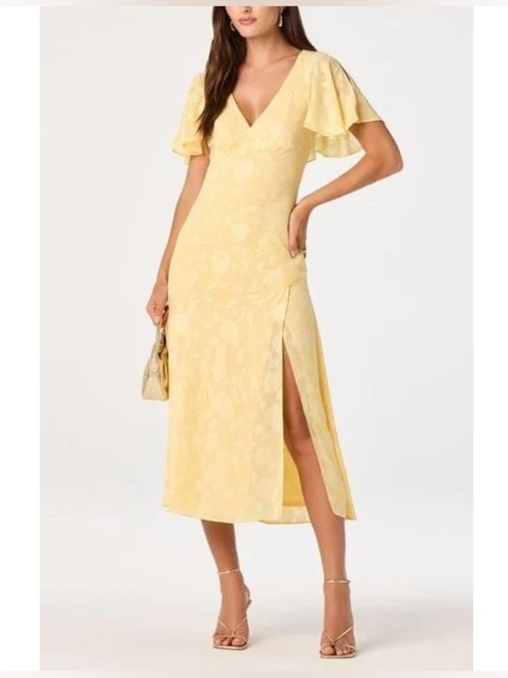 🆕ASTR The label Elegant Yellow Midi floral Dress with Flutter Sleeves Sz M g2